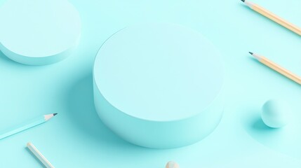 Poster - Light pastel blue 3D illustration showcasing a back to school product display on a podium viewed from above featuring pencils and chalk on a table ideal for product photography background or wallp