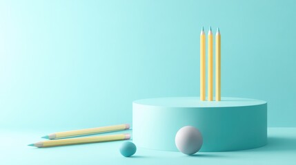 Poster - Light pastel blue 3D illustration showcasing a back to school product display on a podium viewed from above featuring pencils and chalk on a table ideal for product photography background or wallp