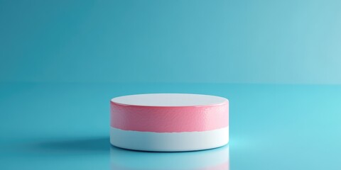 Poster - Pink and white cylindrical pedestal on a blue background 3D rendering