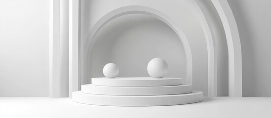 Poster - Minimalist white podium setup for mock up presentation with ample copy space featuring a 3D rendered abstract background design
