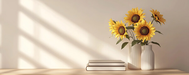 A vibrant bouquet of sunflowers in a striped vase sits on a table next to a stack of books, set against a cozy, blurred background 