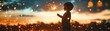 © Noina - A silhouette of a child holding a sparkler while watching a distant fireworks show, with the sky lit up, warm tones, night scene, dynamic shot, nostalgic mood