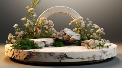 Poster - Stone table surrounded by stone, floral arrangement and greenery.