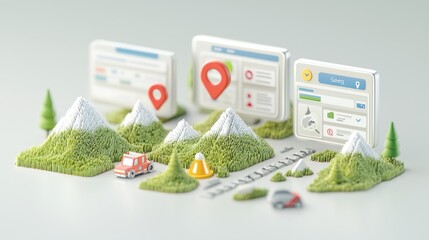 Fototapete - D Illustration of Green Mountains and Digital Interface with Location Pins and Car