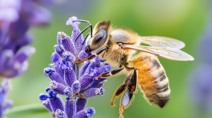 Wall Mural - Honey Bee Pollinating Purple Lavender Flower