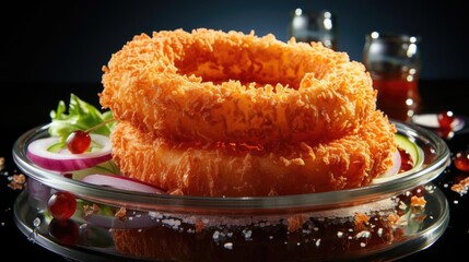 Sticker - A crispy fried onion ring garnished with diced red onions and fresh herbs.