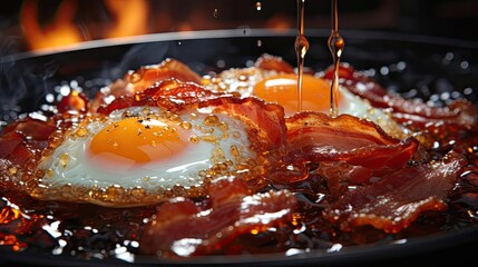 Sticker - A close-up of a cooked egg over easy with slices of crispy bacon on top, dripping from the pan.