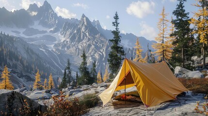 Tranquil alpine ridge campsite at dusk, embracing fresh mountain air and scenic beauty