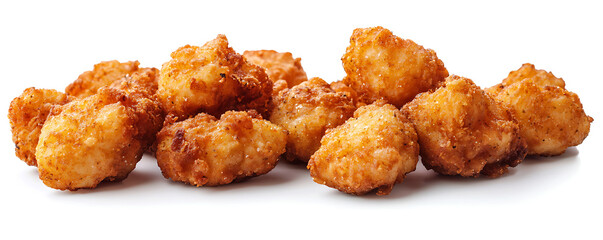 A set of golden, crispy fried chicken nuggets isolated against a clean white background