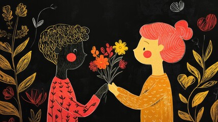 2D cartoon style postcard featuring a loving couple with one character presenting flowers to the other set against a hand drawn black background