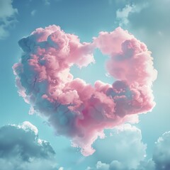 Wall Mural - Cloud Heart Isolated, Pink Heart Cloudy Shape in Blue Sky, Wedding Design, Valentine Day Card