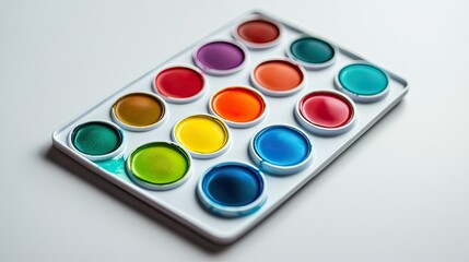 A set of colorful watercolor paints in a sleek palette, displayed on a crisp white background.