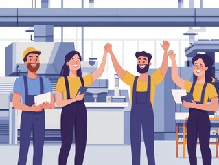 Smiling factory workers highfiving in celebration of meeting production goals, efficient machinery in the background, team celebration, efficient factory