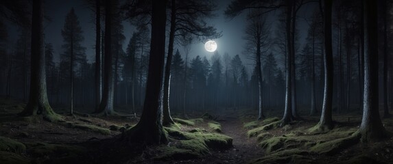 Wall Mural - Moonlight Illuminating a Path Through a Dark, Mossy Forest