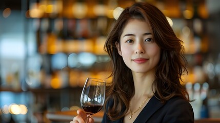 Asian woman in a bar with red wine. Beautiful young fashion model enjoying night out with food and alcoholic beverage, celebrate birthday, happy holiday, romantic valentine at modern luxury restaurant