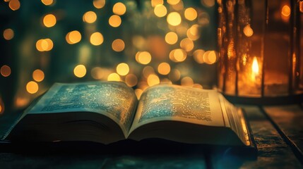 Wall Mural - Open Book by Candlelight with Warm Bokeh