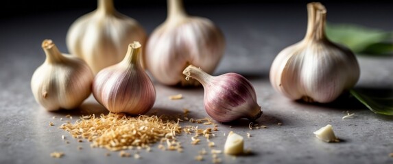 Wall Mural - Close-up of Garlic Cloves and Peelings on a Grey Surface