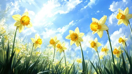 Daffodils in full bloom, stretching towards a blue sky, with soft sunlight filtering through.