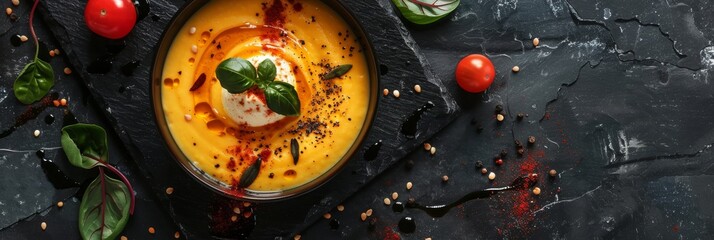 Wall Mural - Pumpkin Cream Soup with Ricotta Cheese Mousse, Molecular Italian Dish with Stylish Decorations