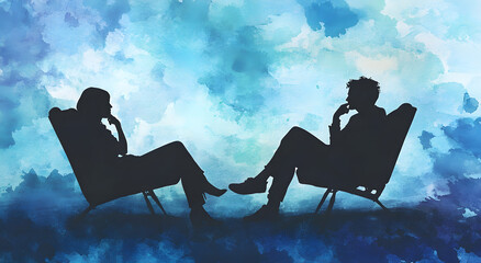 Silhouette of Two People Sitting in Chairs, One Reclining, Against a Simple Background, Evoking Themes of Relaxation, Companionship, and Leisure, Ideal for Illustrating Concepts of Rest and Social Int