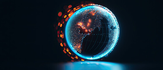 A futuristic digital globe featuring glowing elements, representing global connectivity and technological advancement.