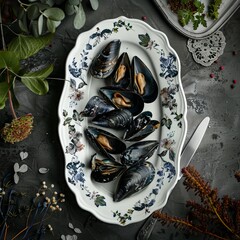 Wall Mural - Blue Mussels on Dark Leaves and Flowers Background Top View, Delicacy Seafood Dish