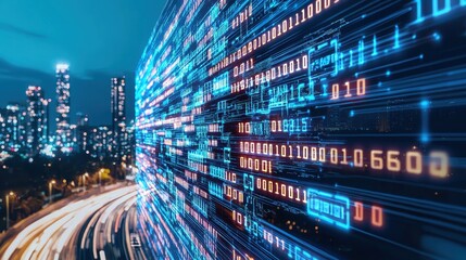 Binary Code Display Futuristic Technology Cityscape