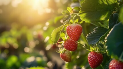 Strawberry plant with vibrant leaves and ripe berries, growing on a sunlit plantation.