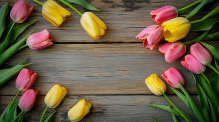 Wall Mural - Top view of pink and yellow tulips scattered on a rustic wooden table, with space for text.