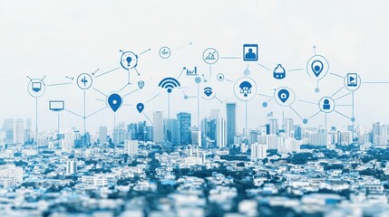 Poster - Smart City Network Concept   Cityscape with Technology Icons