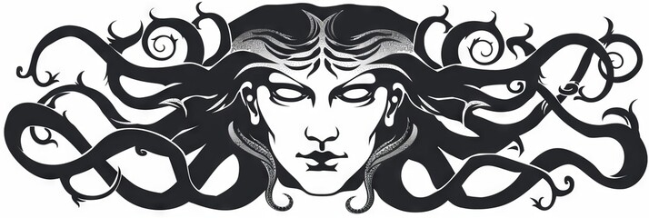 Ancient greek Gorgon Medusa, snake hair woman head logo symbol isolated on white background