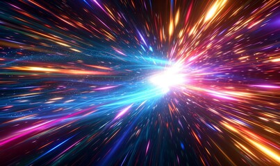 Light speed, hyperspace, space warp background. colorful streaks of light gathering towards the event horizon, Generative AI