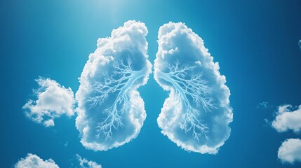 Breath of fresh air for World Pneumonia Day: cloud shaped like lungs on a blue sky, celebrating lung health and clean air.