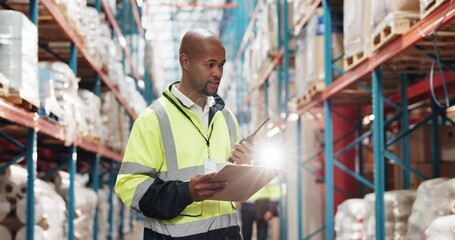 Poster - Logistics, radio and man in factory with checklist for stock inspection in export distribution plant. Inventory management, wireless communication and person in storage warehouse for quality control