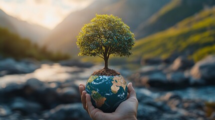 Wall Mural - Globe with a tree held by a hand, symbolizing the need for environmental care and the essential role of trees in sustaining life on Earth.