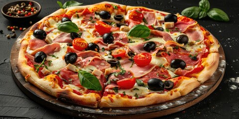 Wall Mural - Homemade Capricciosa Pizza with Fresh Tomatoes, Olives, Cheese, and Ham.