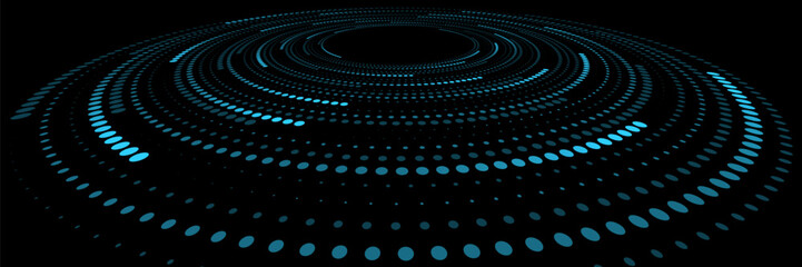 Poster - Spiral abstract circles of blue dots isolated on black background. Perspective view to abstract halftone dotted circle. Big Data visualization into cyberspace. Vector illustration.