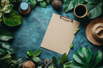 Top view of blank paper sheet, cup of coffee and tropical leaves on blue background nature concept for Earth Day