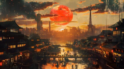 Poster - Japanese Cityscape with Red Moon at Sunset.