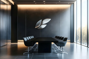 Modern minimalist conference room interior design with black chairs and table, a large window with natural light and a silver logo on the wall.