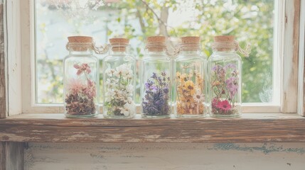 Canvas Print - Dried Flowers in Glass Bottles on Windowsill with Rustic Wooden Background