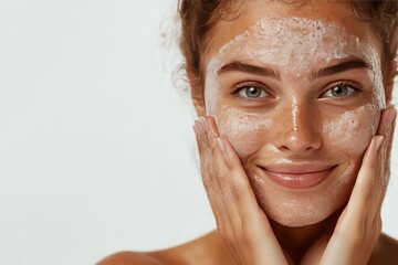 Beautiful girl with a white scrub on her face on a white background. Peeling against wrinkles and skin imperfections. Advertising for a beauty salon and skincare products. Acid chemical peeling.