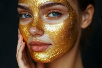 Wall Mural - A young girl sits on a chair in a beauty salon with a gold anti-aging mask on her face. Happy woman with moisturizing gold clay mask on her face. Advertising of a beauty salon and care services