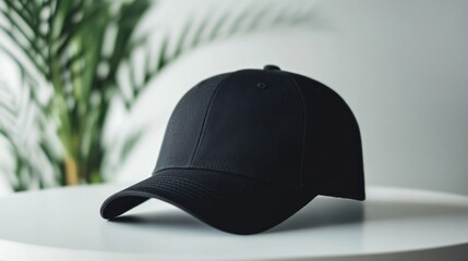 Plain Black Cap on a White Table with Green Plant in the Background