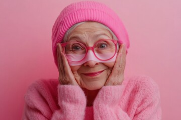 Wall Mural - An old woman with a mask against wrinkles on her face. Skin care treatments for youthful skin. Advertising for a beauty salon. Old granny applying a rejuvenating sheet face mask, copy space.