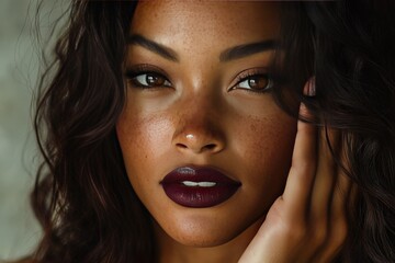 Wall Mural - Beautiful black girl with age spots on her face. Advertising of foundation, cosmetics or beauty salon. Model with makeup.