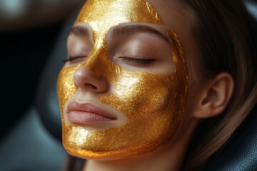 Wall Mural - A young girl sits on a chair in a beauty salon with a gold anti-aging mask on her face. Happy woman with moisturizing gold clay mask on her face. Advertising of a beauty salon and care services