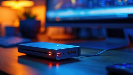 A close-up shot of a silver external hard drive on a wooden desk, with a computer monitor in the background. The hard drive has a red light on the front, and is connected to a computer with a cable.