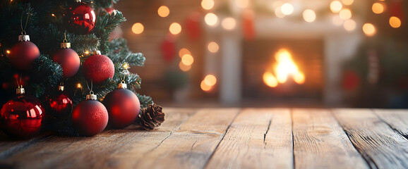 A Christmas tree adorned with red ornaments and gifts sits on a wooden table, with a blurred fireplace in the background and a room beautifully decorated for the holiday season.