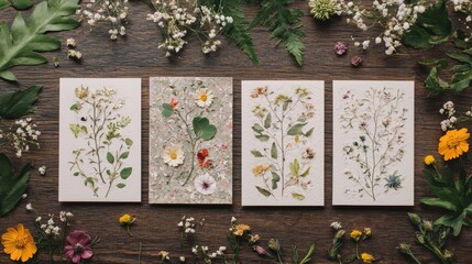 Poster - Pressed Flower Art on White Paper with Rustic Wood Background